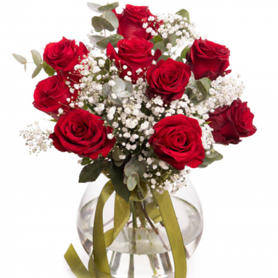 Buchet cu trandafiri roşii şi gypsophila